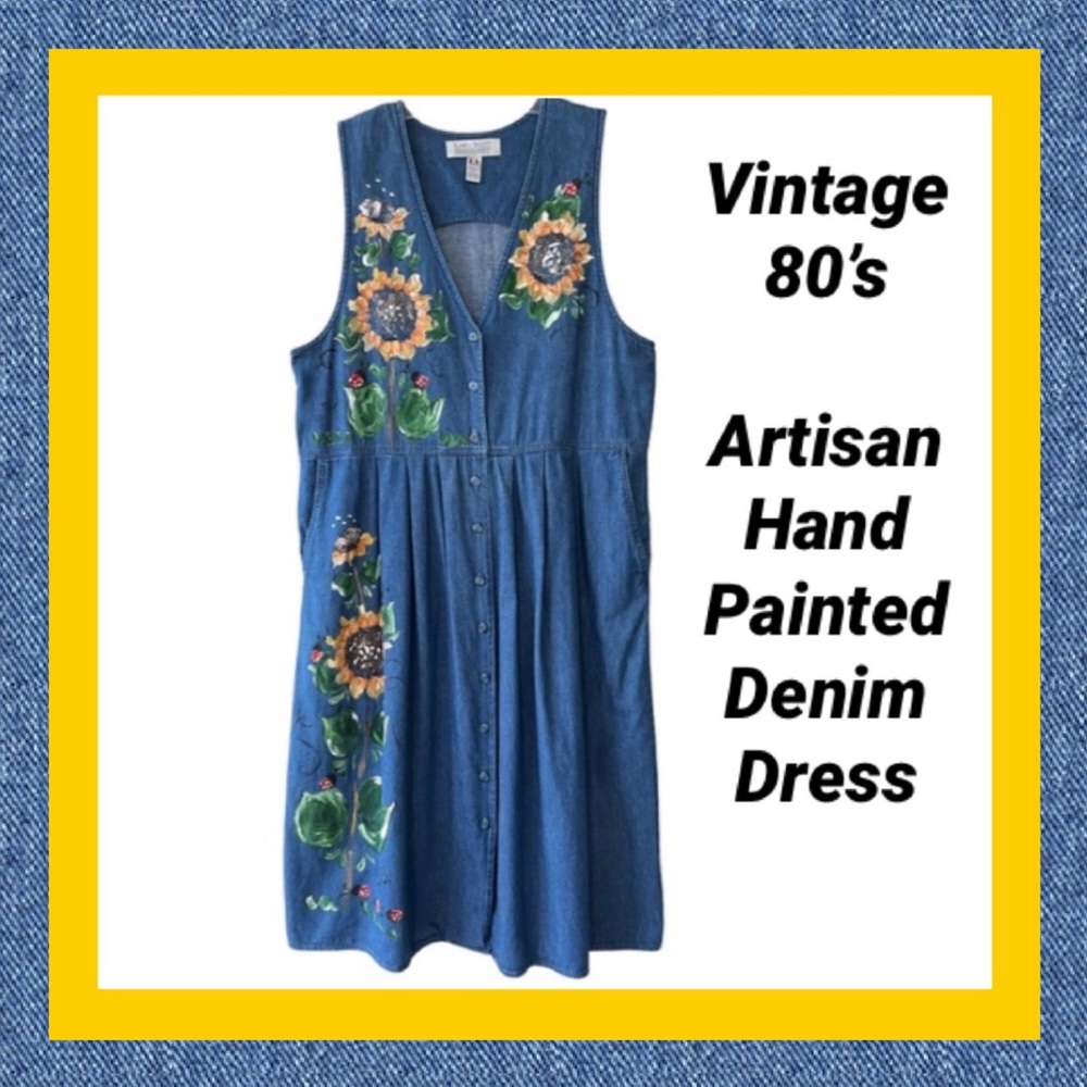 Vintage 80s Denim Dress Cottagecore Jumper Hand Painted Sunflower Ladybug Size L